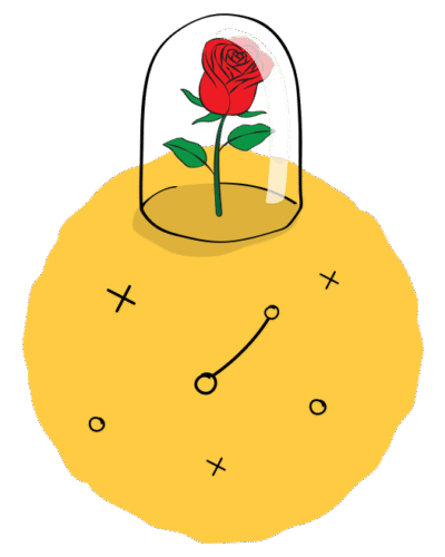 Rosa dentro de uma redoma de vidro, num asteróide amarelo, como no livro 